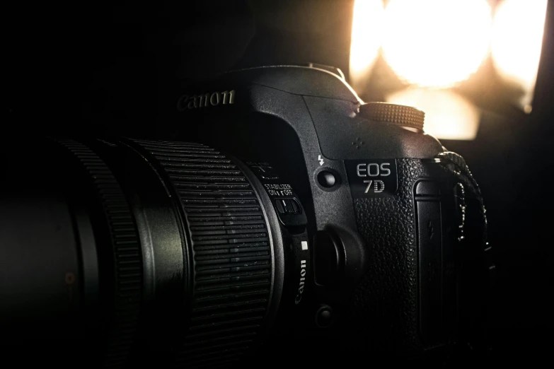 a close up of a camera with a light in the background, by Carey Morris, unsplash, art photography, canon eos 7 d, full body profile camera shot, canon ts-e 17 mm, photorealistic cinematic render