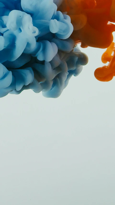 a close up of blue and orange ink in water, an abstract sculpture, inspired by Alberto Seveso, unsplash, medium shot of two characters, spores floating in the air, high quality photo, muted colors. ue 5