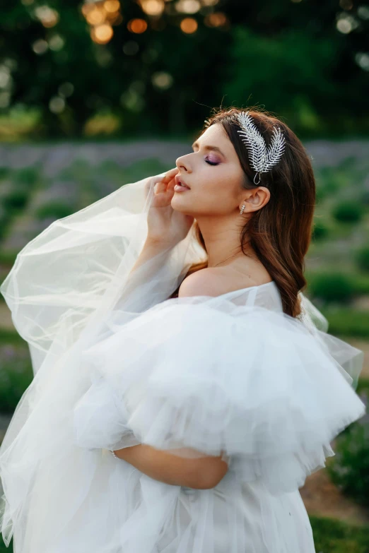 a woman in a white dress standing in a field, inspired by Antoni Brodowski, trending on pexels, baroque, jeweled veil, puff sleeves, glam hair, silver，ivory