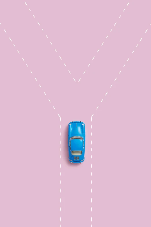 a blue car driving on a pink road, by Rachel Reckitt, conceptual art, arrow shaped, flat lay, around a neck, v