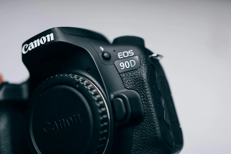 a canon camera sitting on top of a table, unsplash, canon eos 90d, close up. macro. hyper realistic, canon 24mm, plain background