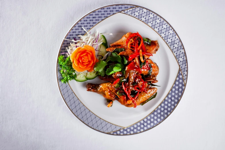 a white plate topped with meat and veggies, feathery wings, oriental, 🦩🪐🐞👩🏻🦳, background image