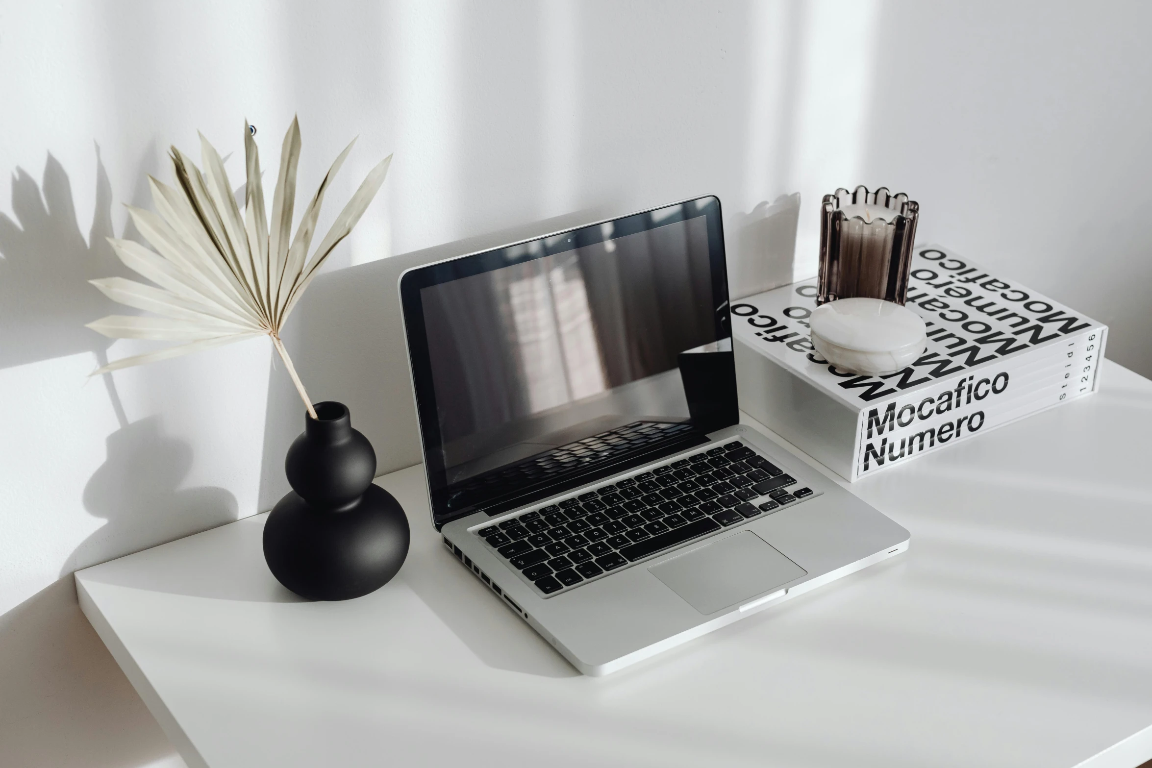 a laptop computer sitting on top of a white desk, by Andries Stock, trending on pexels, decoration, white and black, miscellaneous objects, rectangle