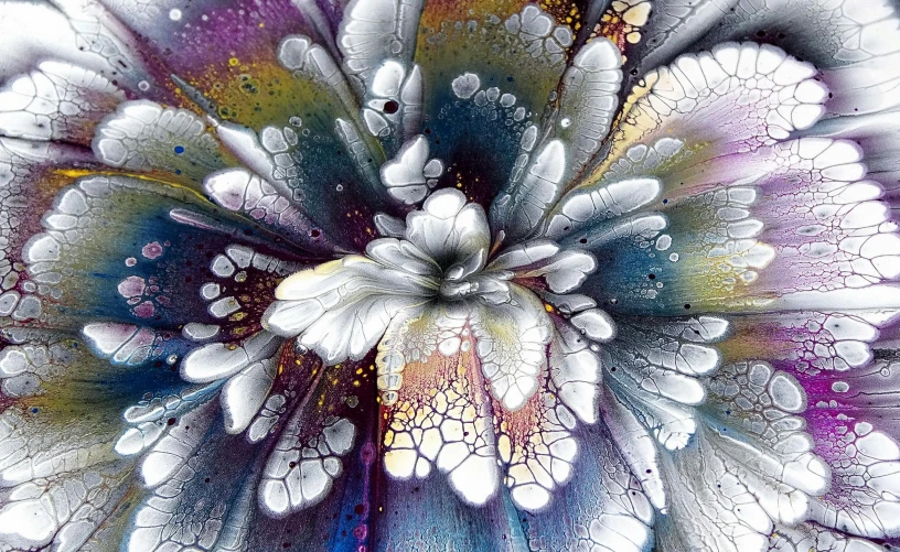 a close up of a painting of a flower, a detailed painting, trending on pixabay, process art, silver and cool colors, color ink explosion, white fractals, sparkling petals