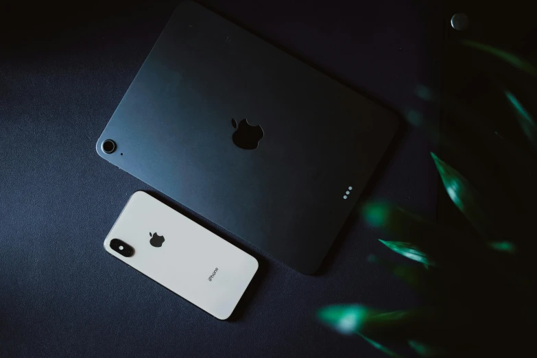 an iphone sitting on top of a table next to a plant, trending on pexels, ipad pro, pitch black skin, apple logo, laptops