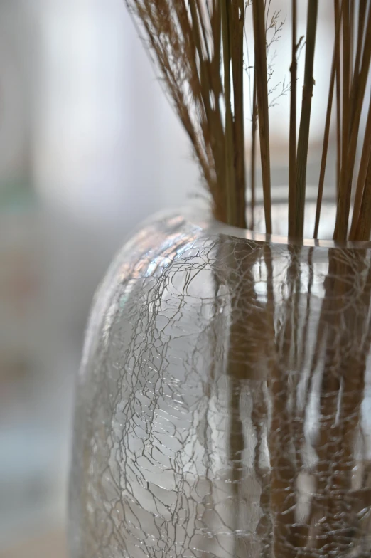 a vase filled with dry grass sitting on top of a table, an abstract sculpture, clear detailed view, blown glass, intricate brush stroke detail, up-close