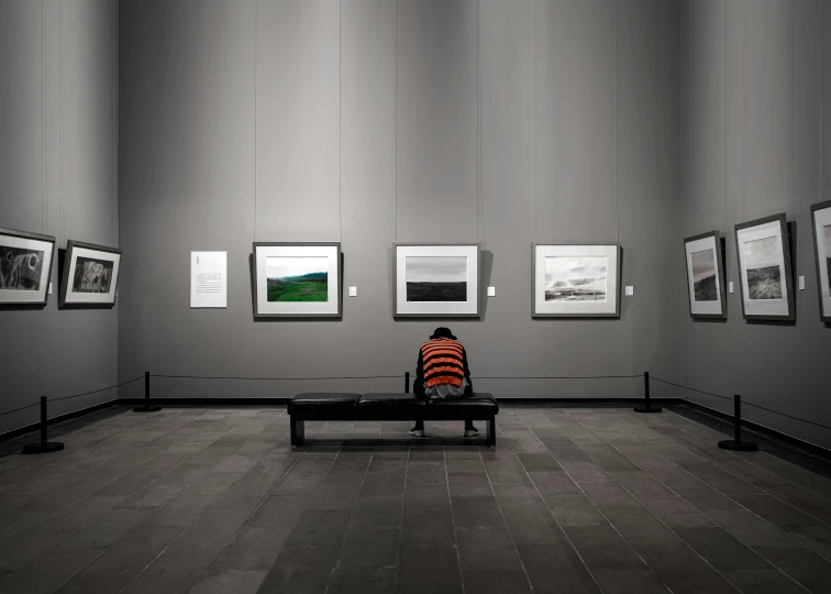 a person sitting on a bench in a museum, a minimalist painting, inspired by Andreas Gursky, pexels contest winner, david friedrich, gallery display photograph, sittin, various artworks