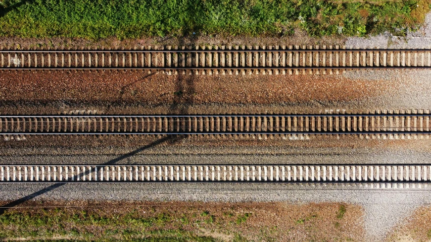 a train traveling down train tracks next to a lush green field, unsplash, realism, square lines, drone photograpghy, long shadow, two