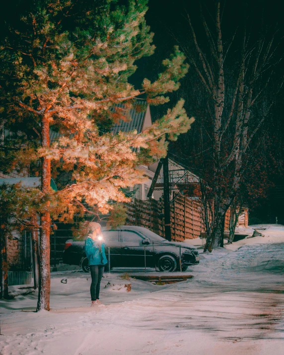 there is a woman standing next to the street in the snow