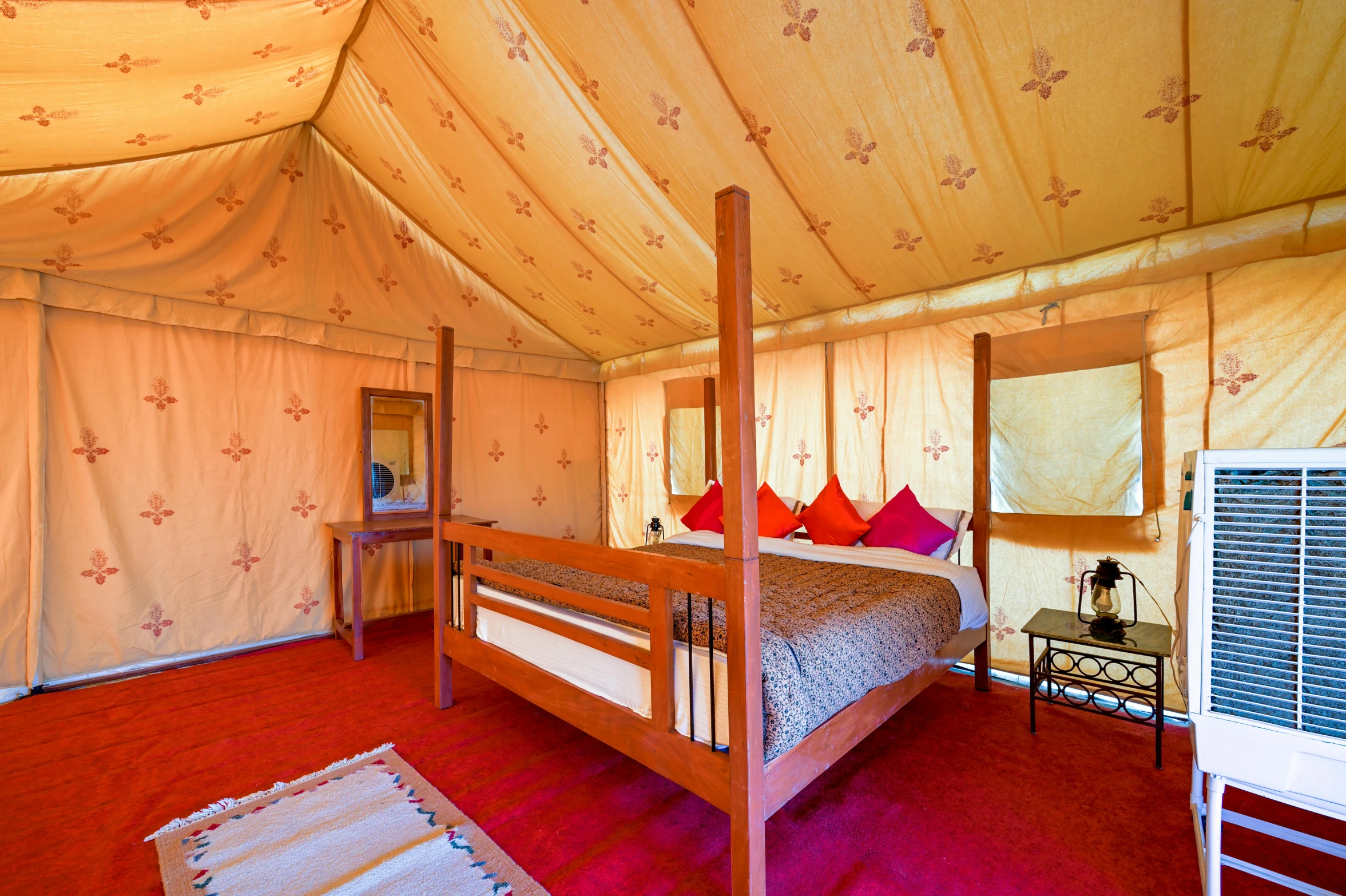 a bed room with a neatly made bed and a television, hurufiyya, interior of a tent, crimson themed, camel, thumbnail