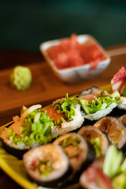 the tray is filled with an assortment of foods