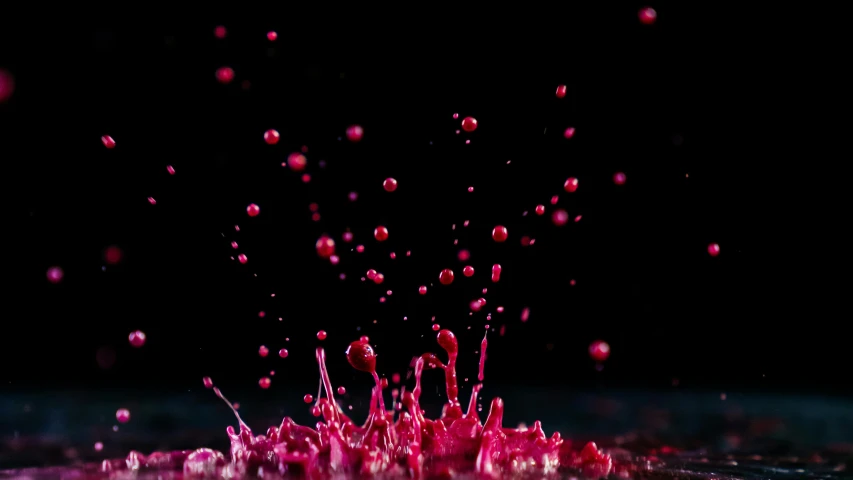 a red liquid splashing on top of a black surface, a macro photograph, by Daniel Seghers, pink, ground - level medium shot, photorealist, macro photography 8k