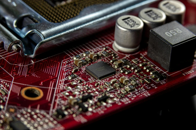 a close up of a computer mother board, by Glennray Tutor, pixabay, renaissance, red hot soldering iron, close up shot of an amulet, graphics card, instagram post