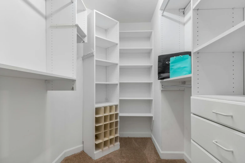 a walk in closet with white shelves and drawers, listing image, fan favorite, 3 6 0 render panorama, from street level