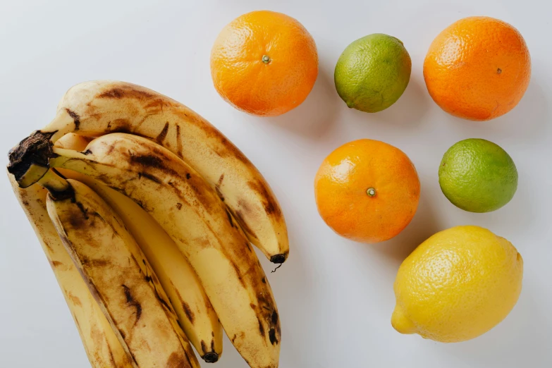 a bunch of bananas sitting next to oranges and lemons, by Carey Morris, trending on pexels, on a pale background, 🍸🍋, upper body close - up, 🦩🪐🐞👩🏻🦳