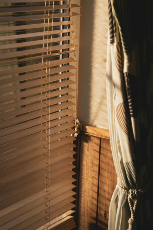 a close up of a curtain near a window, inspired by Elsa Bleda, unsplash, wood materials, soft light through blinds, 2 0 0 0 s, a sunny bedroom