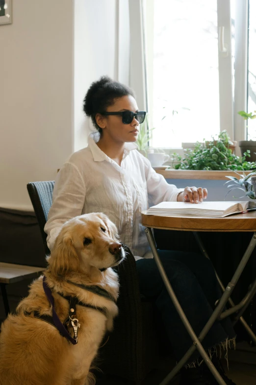 a woman sitting at a table with a dog, trending on unsplash, wearing gold glasses, blind, cafe, hey buddy