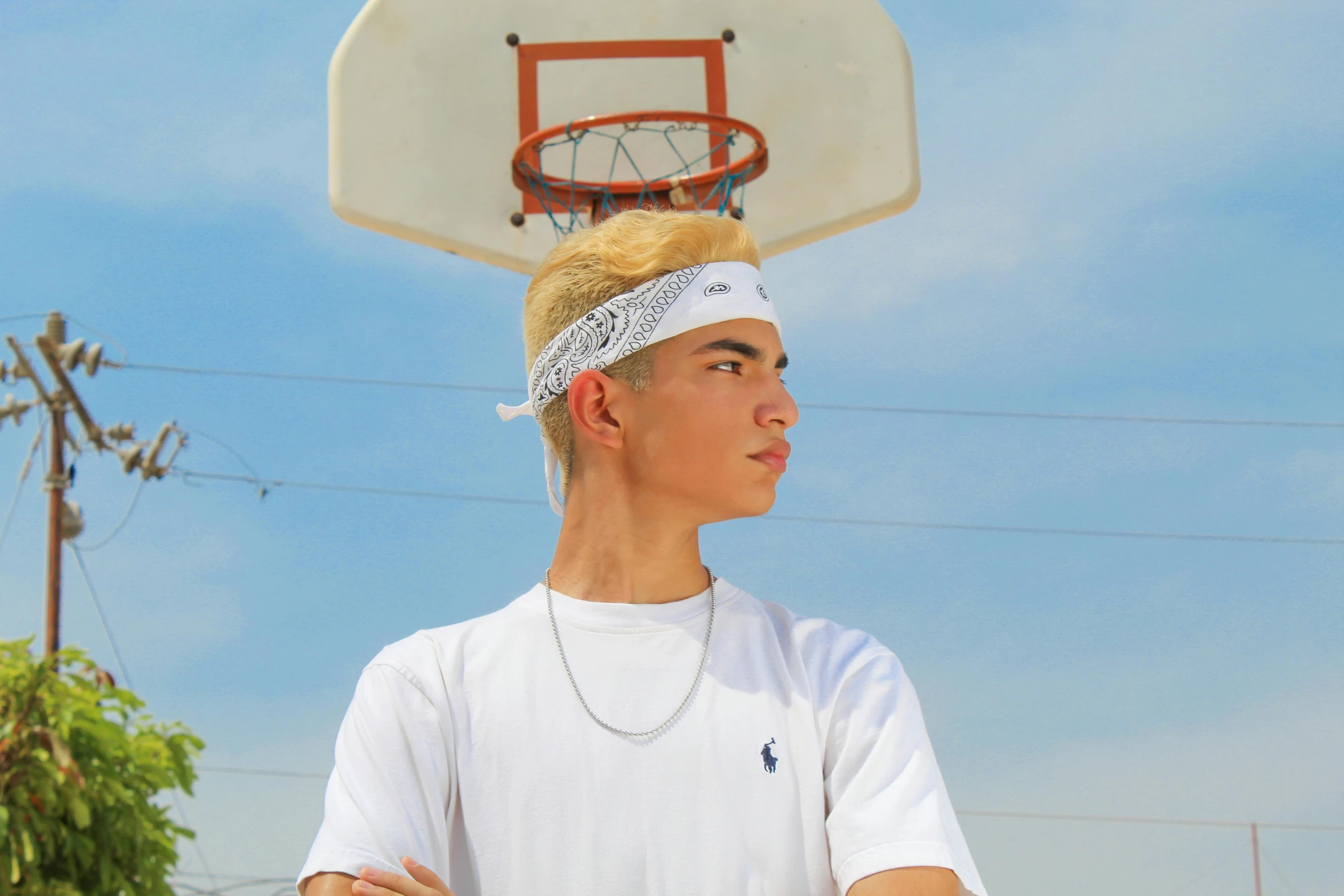 a young man standing in front of a basketball hoop, by Gavin Hamilton, trending on dribble, white braided hair, headpiecehigh quality, slightly tanned, asher duran