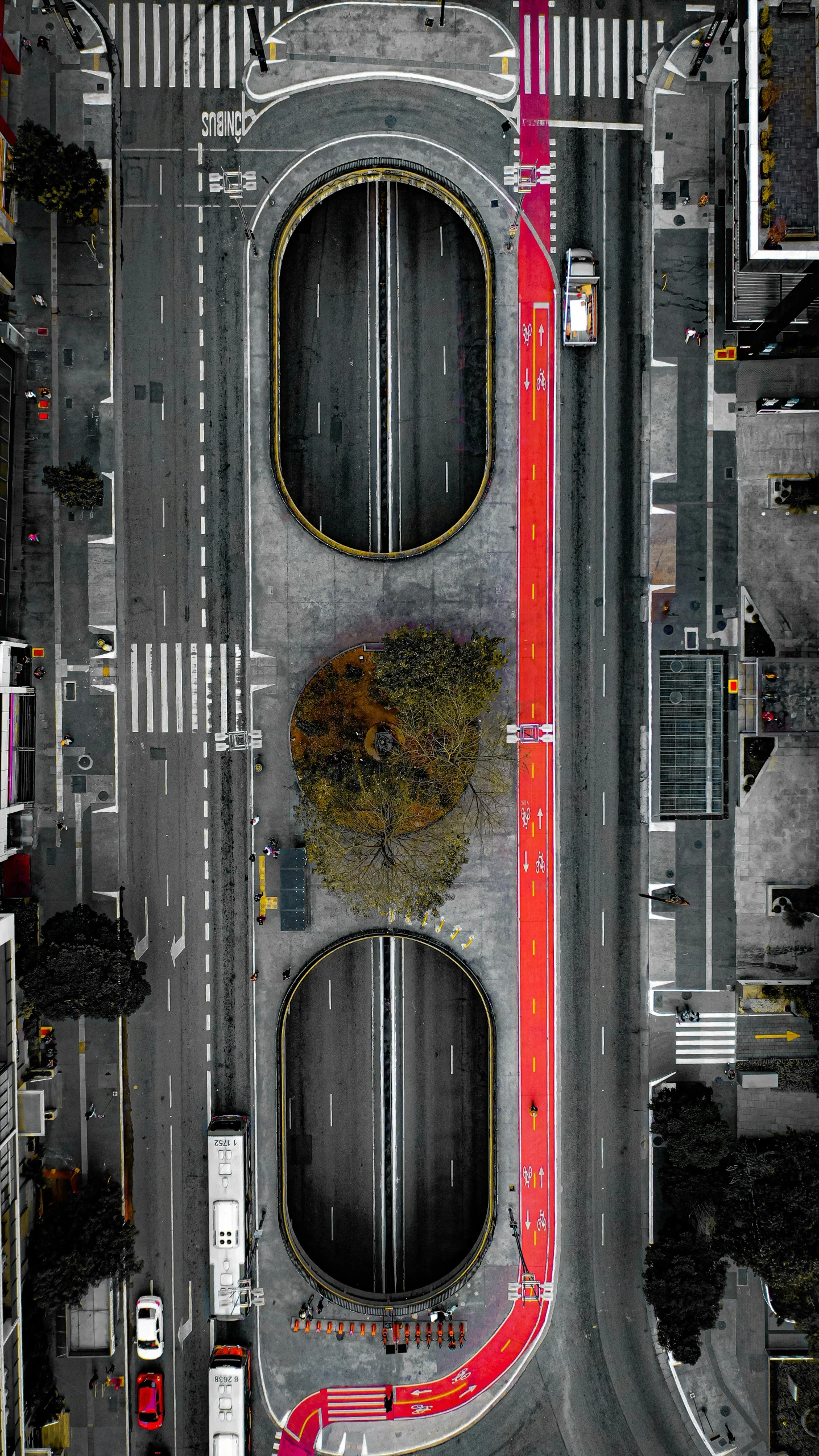 an aerial view of a busy city street, by Alejandro Obregón, unsplash contest winner, street art, red trees, symmetrical. sci - fi, overpass, selective color effect