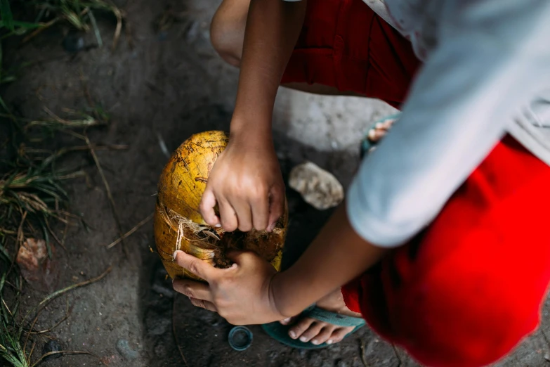 a close up of a person holding a coconut, inspired by Steve McCurry, pexels contest winner, process art, kids playing, thumbnail, five foot bat in the philippines, avatar image