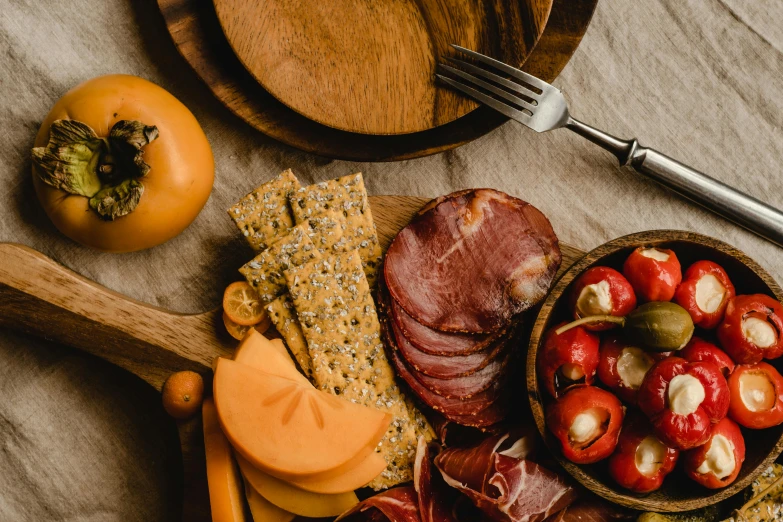 a close up of a plate of food on a table, a still life, by Carey Morris, pexels contest winner, cheese and salami on the table, on a canva, 🦩🪐🐞👩🏻🦳, fruit