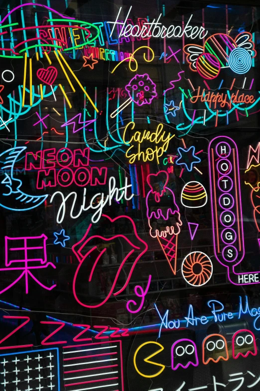 a bunch of neon signs on the side of a building, trending on pexels, doodles, lunar busy street, ((neon colors))