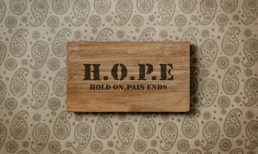 a wooden sign that says hope hold on pain ends, an album cover, inspired by Carl Hoppe, trending on pexels, paisley wallpaper, light box, bog oak, high detailed print