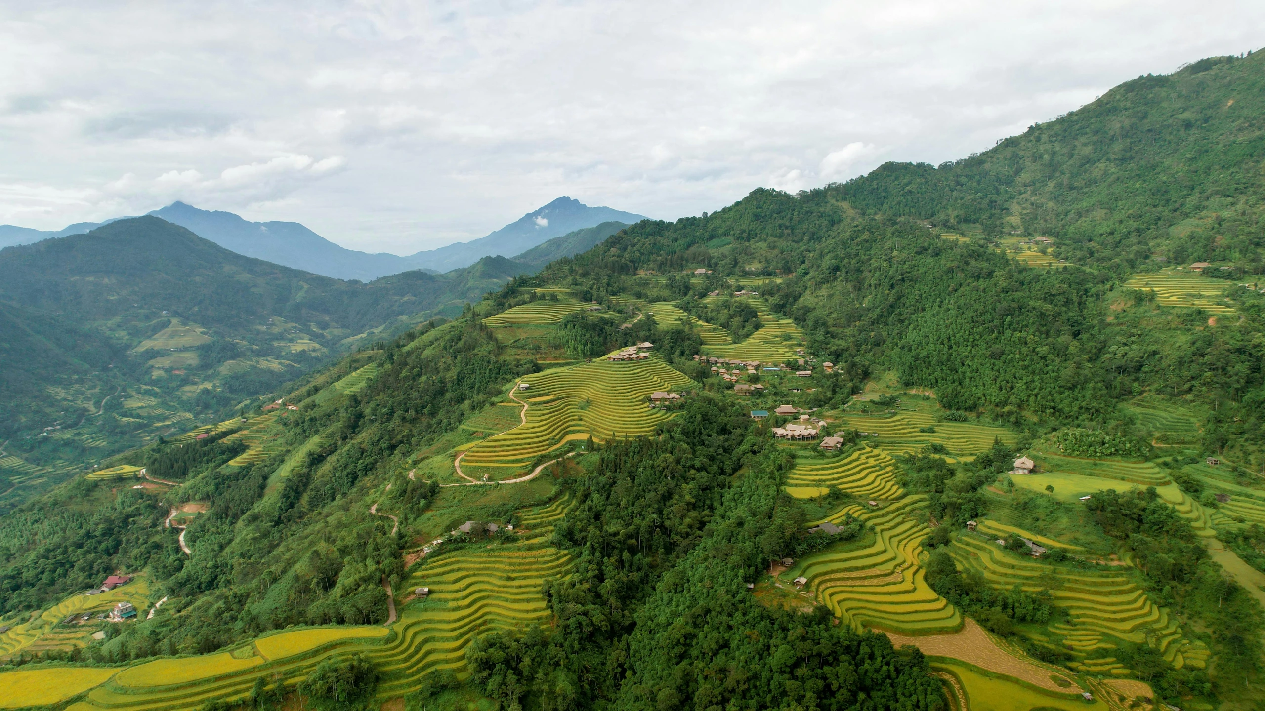 a mountain range with many green hills