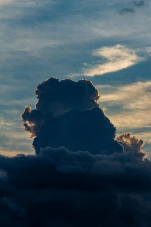 dark clouds against an orange and blue sky