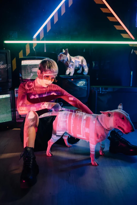 a man sitting on a bench next to a dog, a hologram, by Julia Pishtar, trending on pexels, holography, laserpunk fullbodysuit, red lasers, futurepunk dungeon, cai xukun