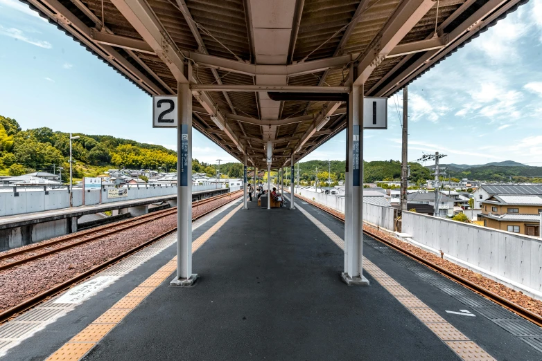 a train station with a train on the tracks, unsplash, shin hanga, square, benches, eyelevel perspective image, kamakura period