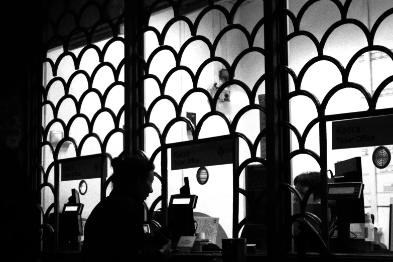 a person sitting at a table in front of a window, a black and white photo, flickr, intricately detailed scales, working in a call center, food stall, silhouette!!!