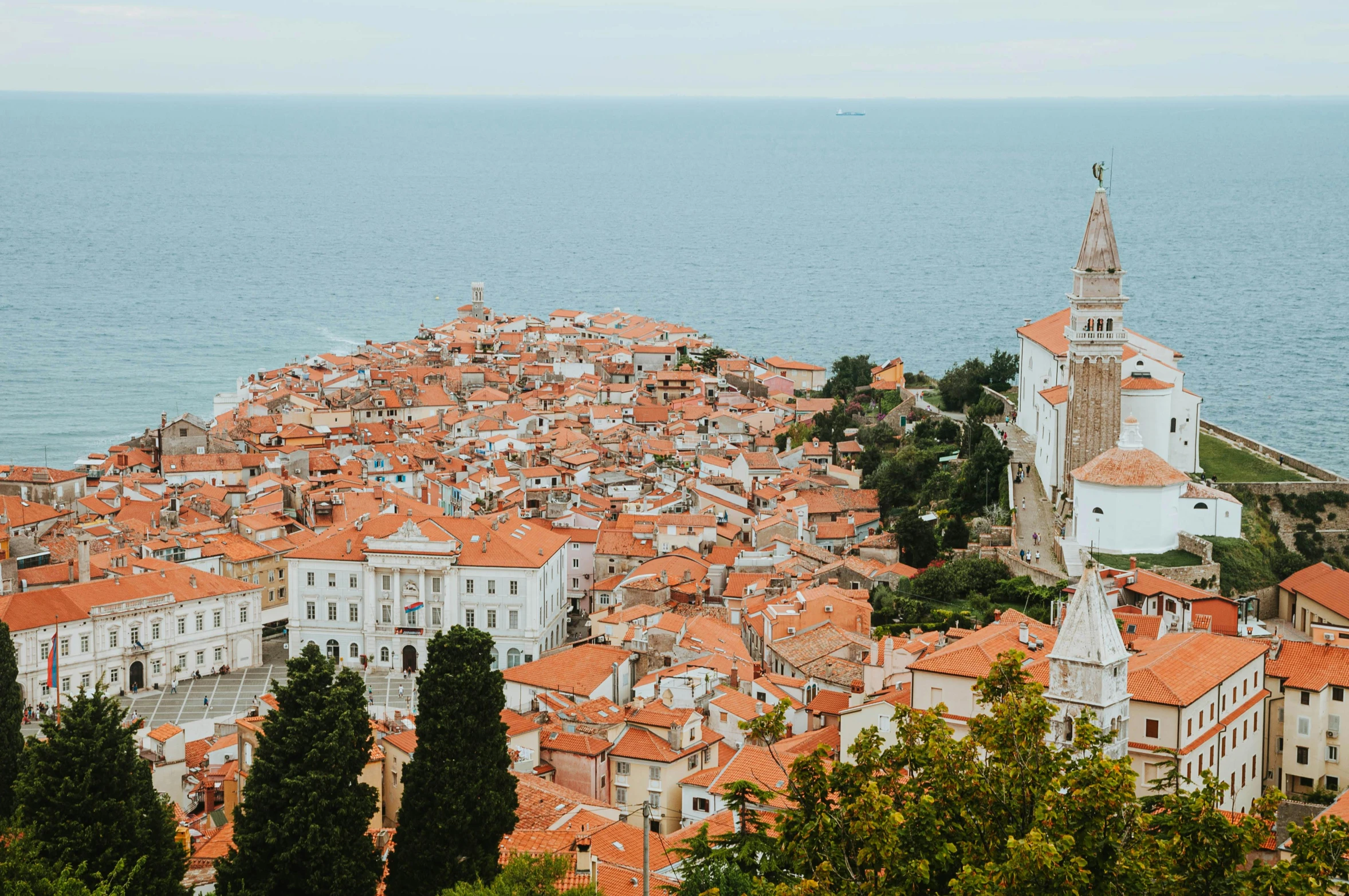a view of a town from the top of a hill, by Emma Andijewska, unsplash contest winner, baroque, croatian coastline, square, foil, white