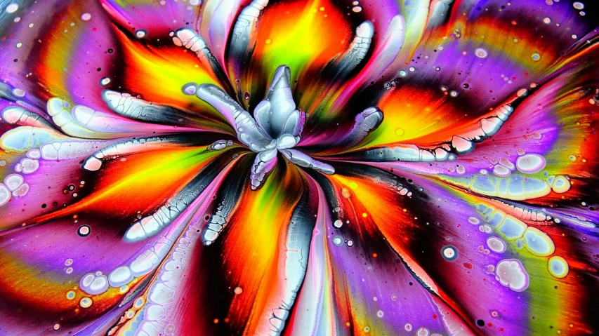 a colorful flower with water droplets on it, an airbrush painting, by Jan Rustem, psychedelic art, refracted lines and sparkles, marbling effect, expressive digital art, flower pop art
