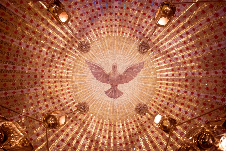 a bird that is sitting in the middle of a ceiling, a mosaic, by Konrad Witz, pexels, art nouveau, holy rays of spiritual light, judy chicago, dove, 2 5 6 x 2 5 6 pixels