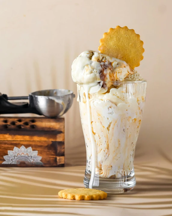 a cup with whipped cream, chocolate, and cookie on the inside