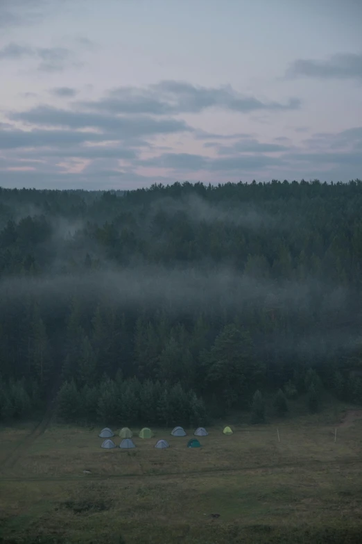 a group of tents sitting on top of a lush green field, by Attila Meszlenyi, land art, foggy evening, cinematic shot ar 9:16 -n 6 -g, boreal forest, grey
