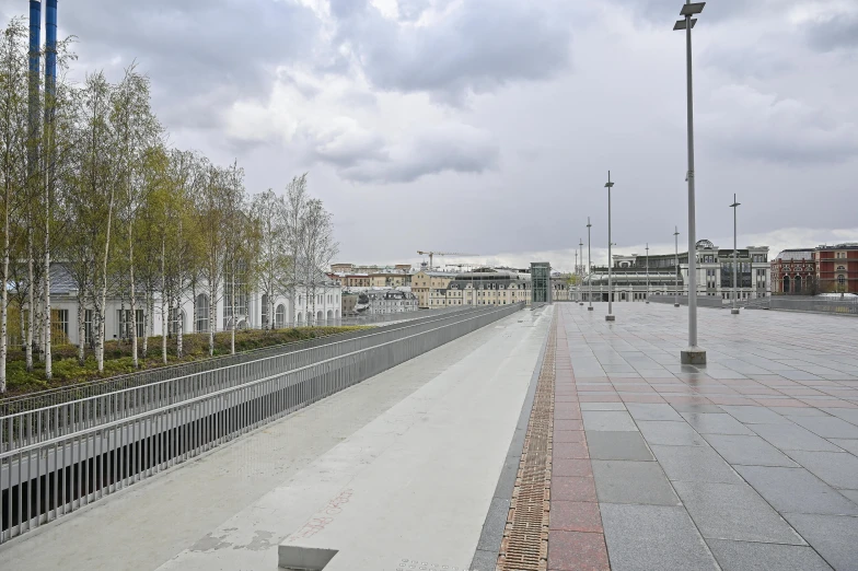 large sidewalk with several trees and walkway lighting