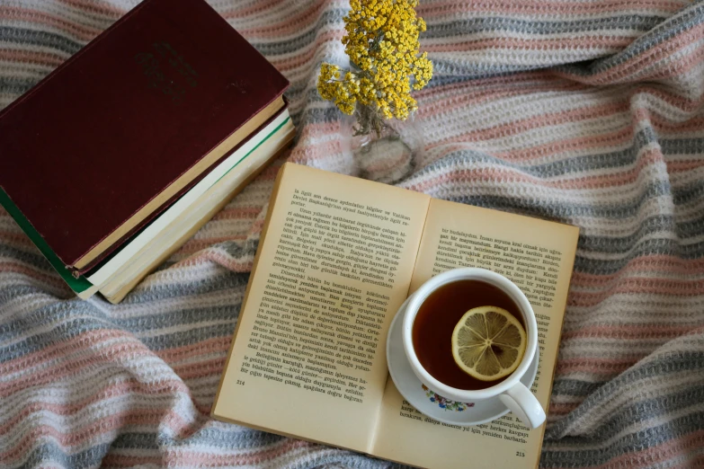 an open book sitting on top of a bed next to a cup of tea, by Carey Morris, pexels contest winner, scarlet and yellow scheme, marie curie, on a velvet table cloth, library books