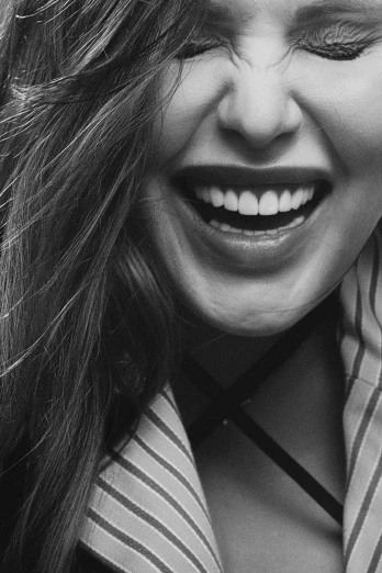 a black and white photo of a woman laughing, elizabeth olsen, close-up!!!!!, low detail, ✨🕌🌙