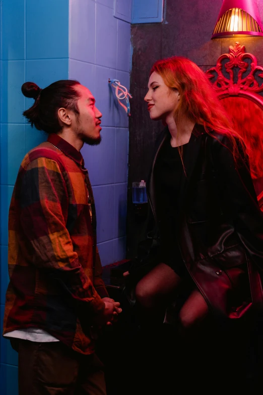 a man standing next to a woman in a bathroom, a cartoon, inspired by Nan Goldin, trending on unsplash, half asian, ( redhead, in a nightclub, she looks like a mix of grimes