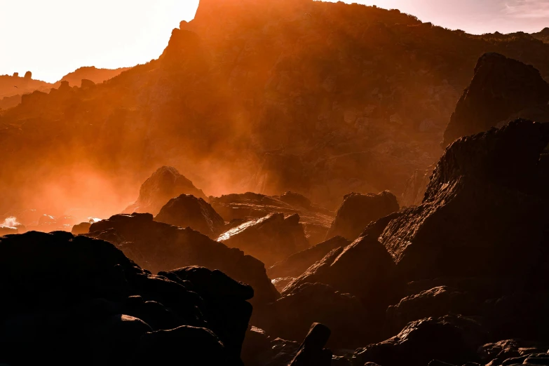 a person riding a surfboard on top of a rocky beach, by Tobias Stimmer, pexels contest winner, romanticism, the earth sprouts lava, mystical orange fog, on the surface of an asteroid, contre jour