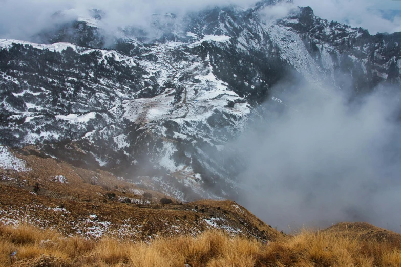 snow covered mountains with grass blowing in front of them