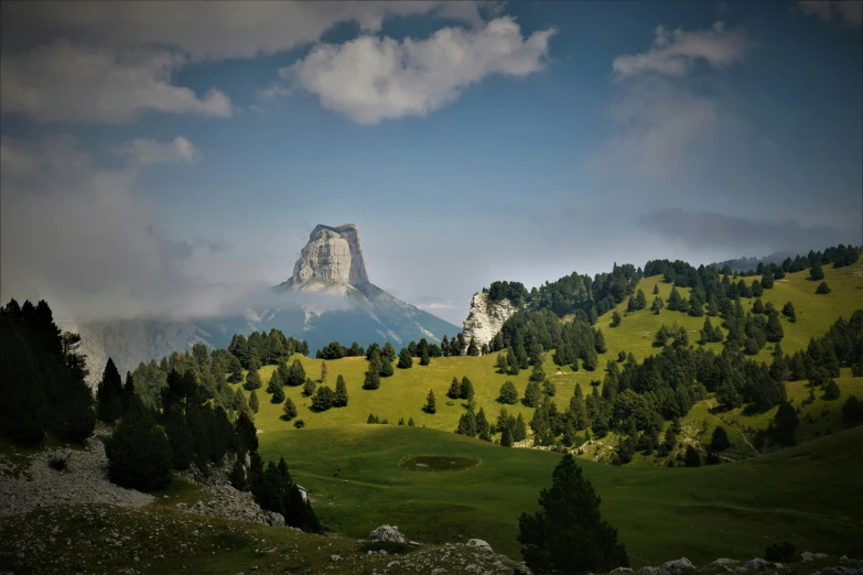 a green field with a mountain in the background, pexels contest winner, renaissance, limestone, medium format, towering high up over your view, alpes