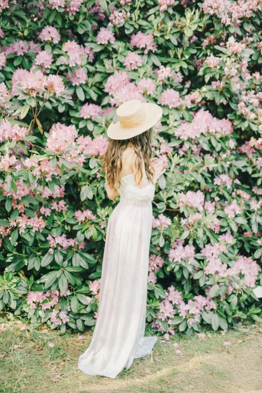 a woman standing in front of a bush of flowers, unsplash, romanticism, wearing wide sunhat, white and light-pink outfit, fullbody photo, multiple stories