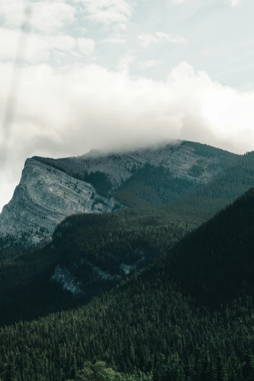 large mountain covered in fog and clouds surrounded by forest