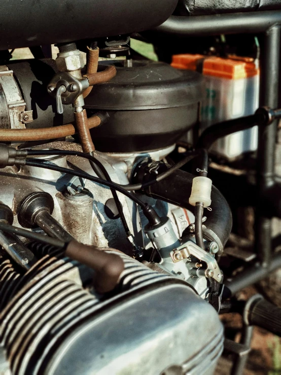 a close up of the engine of a motorcycle, a digital rendering, by David Simpson, unsplash, kodak kodachrome 400, stephen shore, ilustration, 1990s photograph