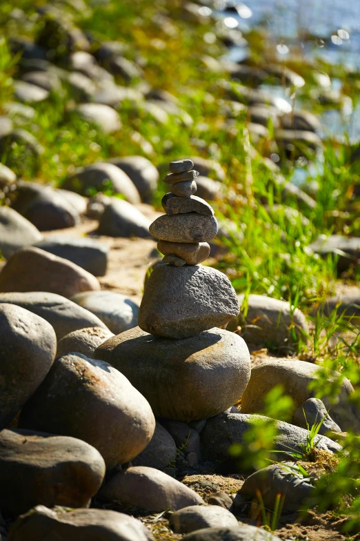 a pile of rocks sitting on top of a rocky beach, a statue, near a river, napa, rock art, walking