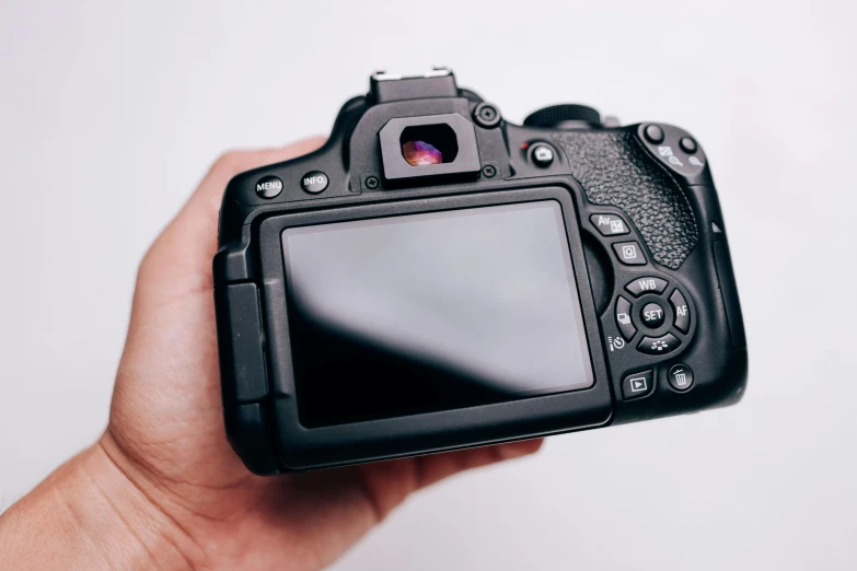 a close up of a person holding a camera, high quality product image”, lcd screen, facing away from the camera, 🦩🪐🐞👩🏻🦳