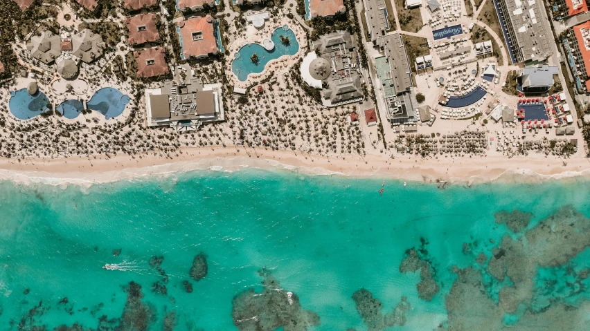 a bird's eye view of a beach resort, pexels contest winner, carribean turquoise water, mapbox, hyperdetailed, thumbnail